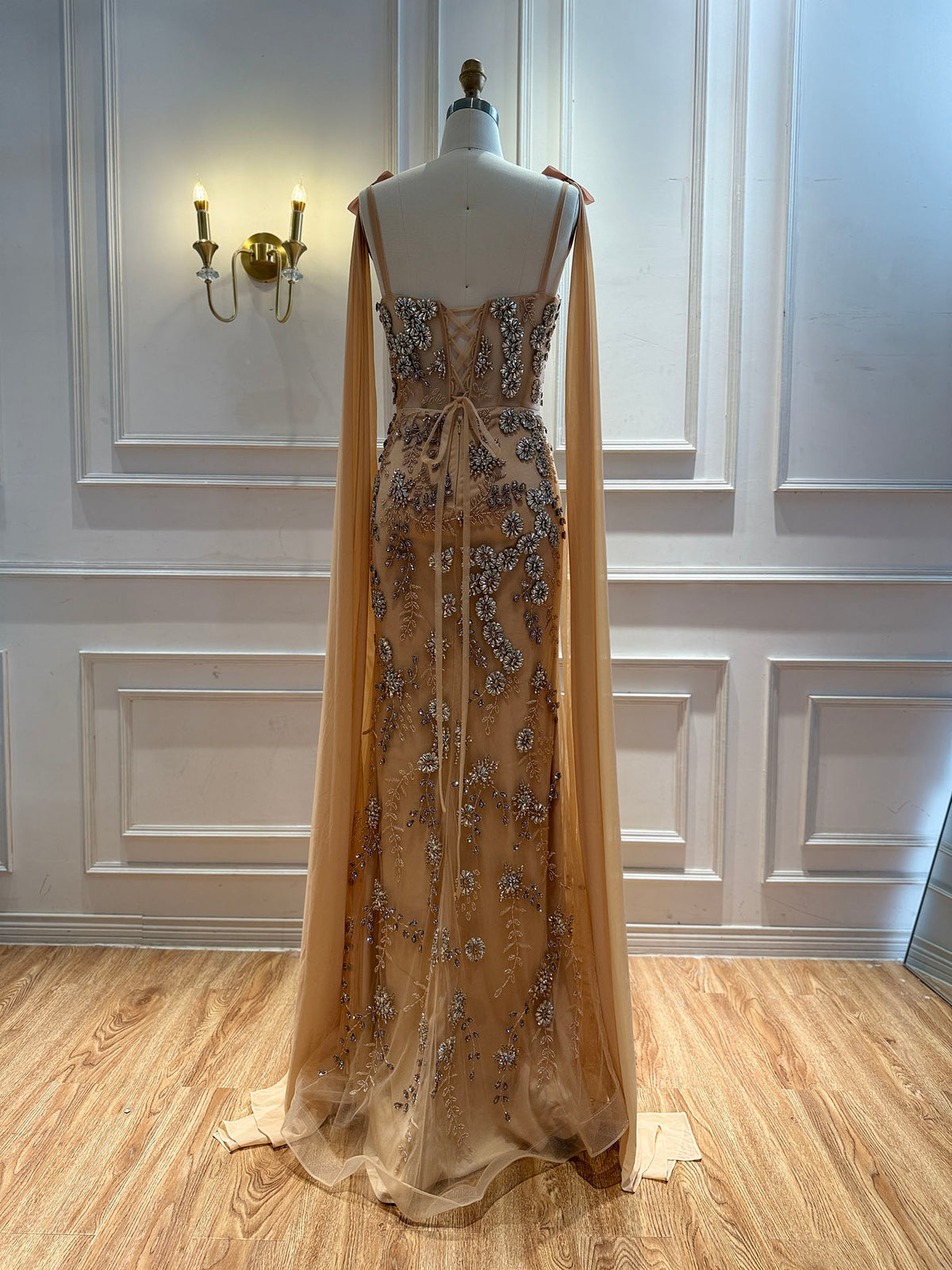 Luxury Pink V Neck Crystal Beaded Mermaid Dress with Cape LA73714