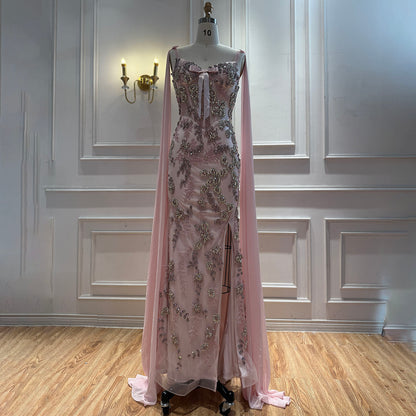 Luxury Pink V Neck Crystal Beaded Mermaid Dress with Cape LA73714