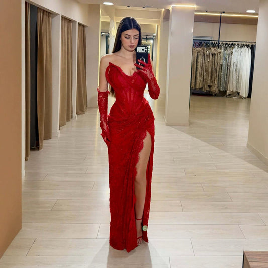 Luxury Red Lace Beaded Mermaid Evening Dress with Slit and Gloves LA73714