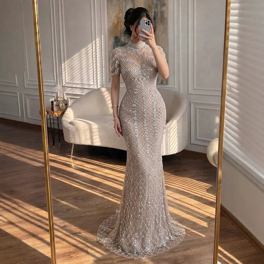 Luxury Pink Crystal Beaded High Neck Short Sleeve Mermaid Evening Dress LA73715
