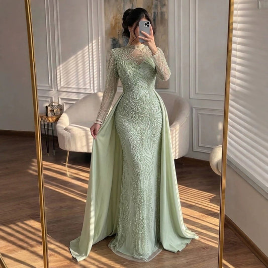 Luxury Sage Green Beaded Mermaid Dress with Overskirt LA73716