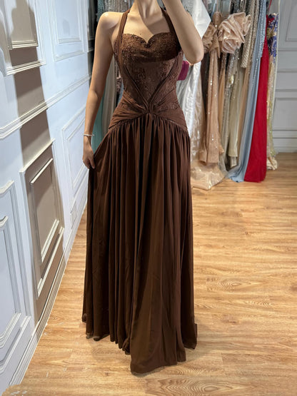 Luxury Brown Beaded A Line Evening Dress LA73717