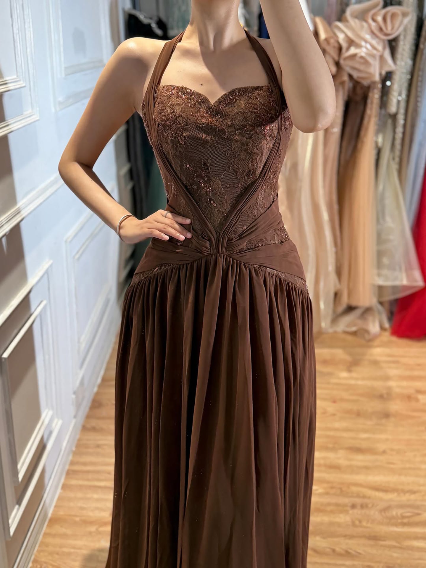 Luxury Brown Beaded A Line Evening Dress LA73717