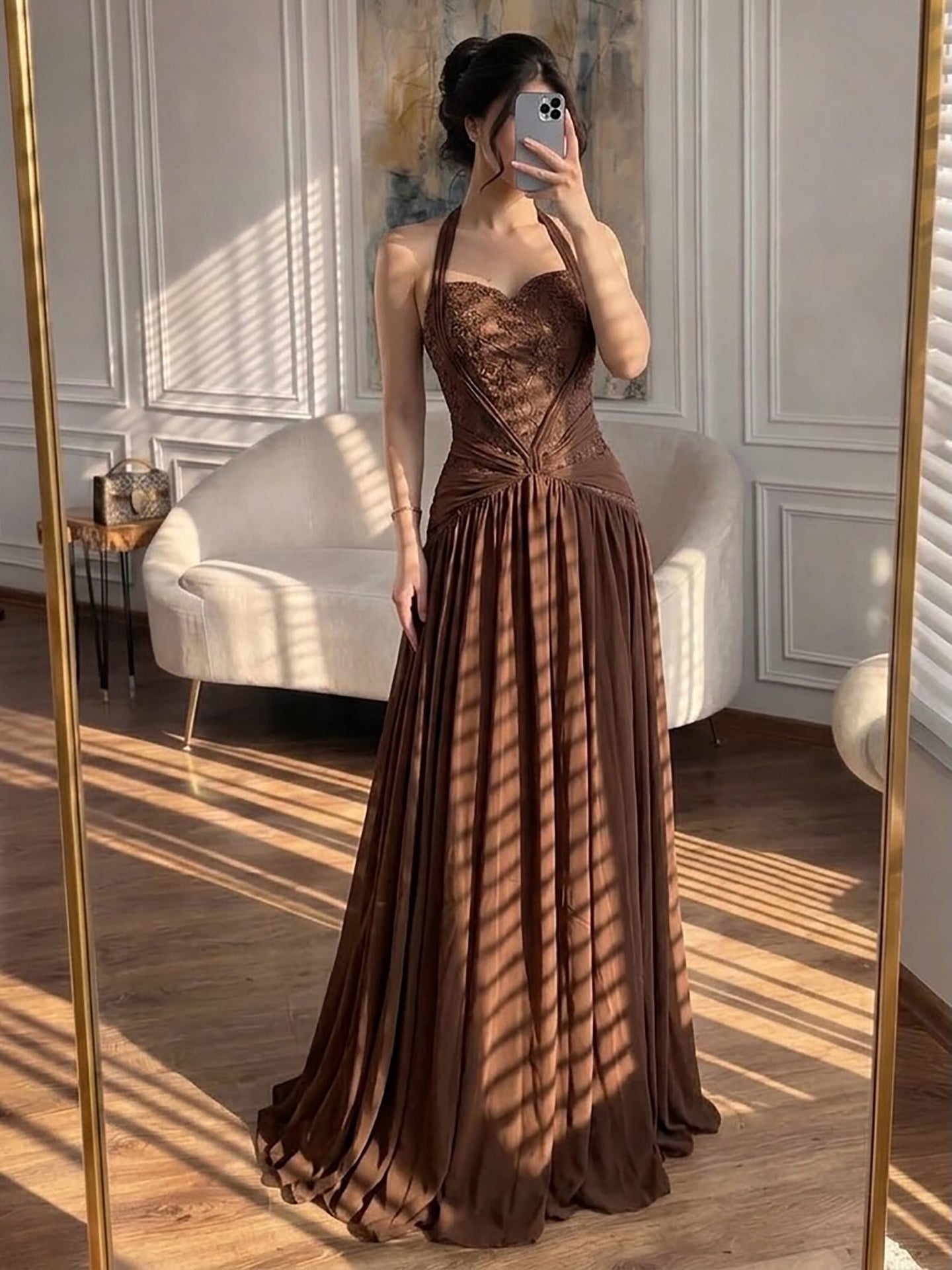 Luxury Brown Beaded A Line Evening Dress LA73717