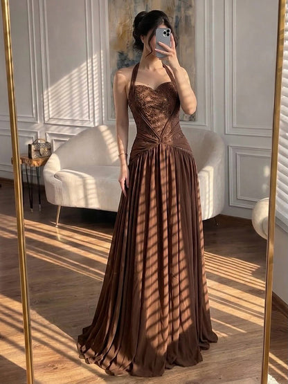 Luxury Brown Beaded A Line Evening Dress LA73717