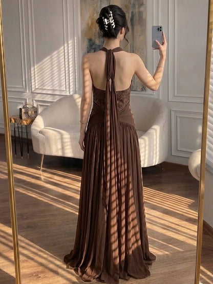 Luxury Brown Beaded A Line Evening Dress LA73717