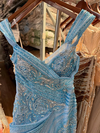 Luxury Blue Beaded Off Shoulder Mermaid Slit Dress LA73718