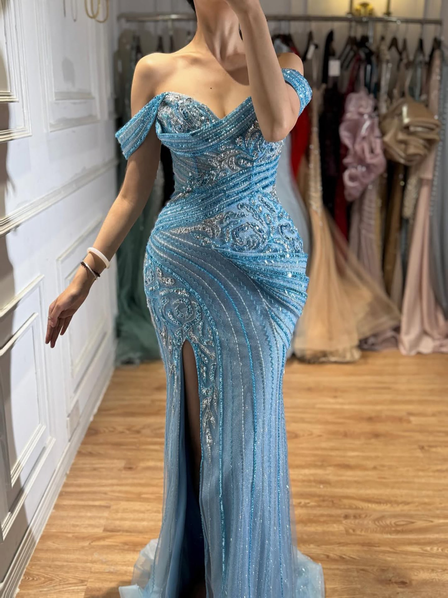 Luxury Blue Beaded Off Shoulder Mermaid Slit Dress LA73718