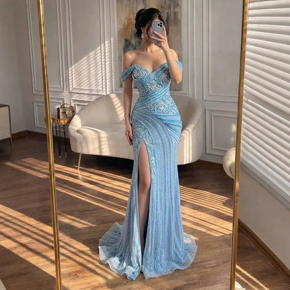 Luxury Blue Beaded Off Shoulder Mermaid Slit Dress LA73718