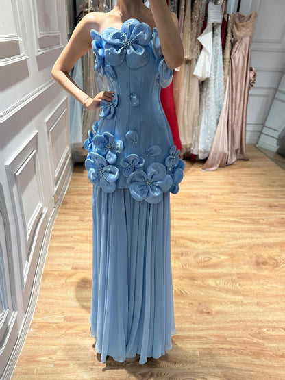 Luxury Blue Strapless 3D Flower A Line Evening Dress LA73719A