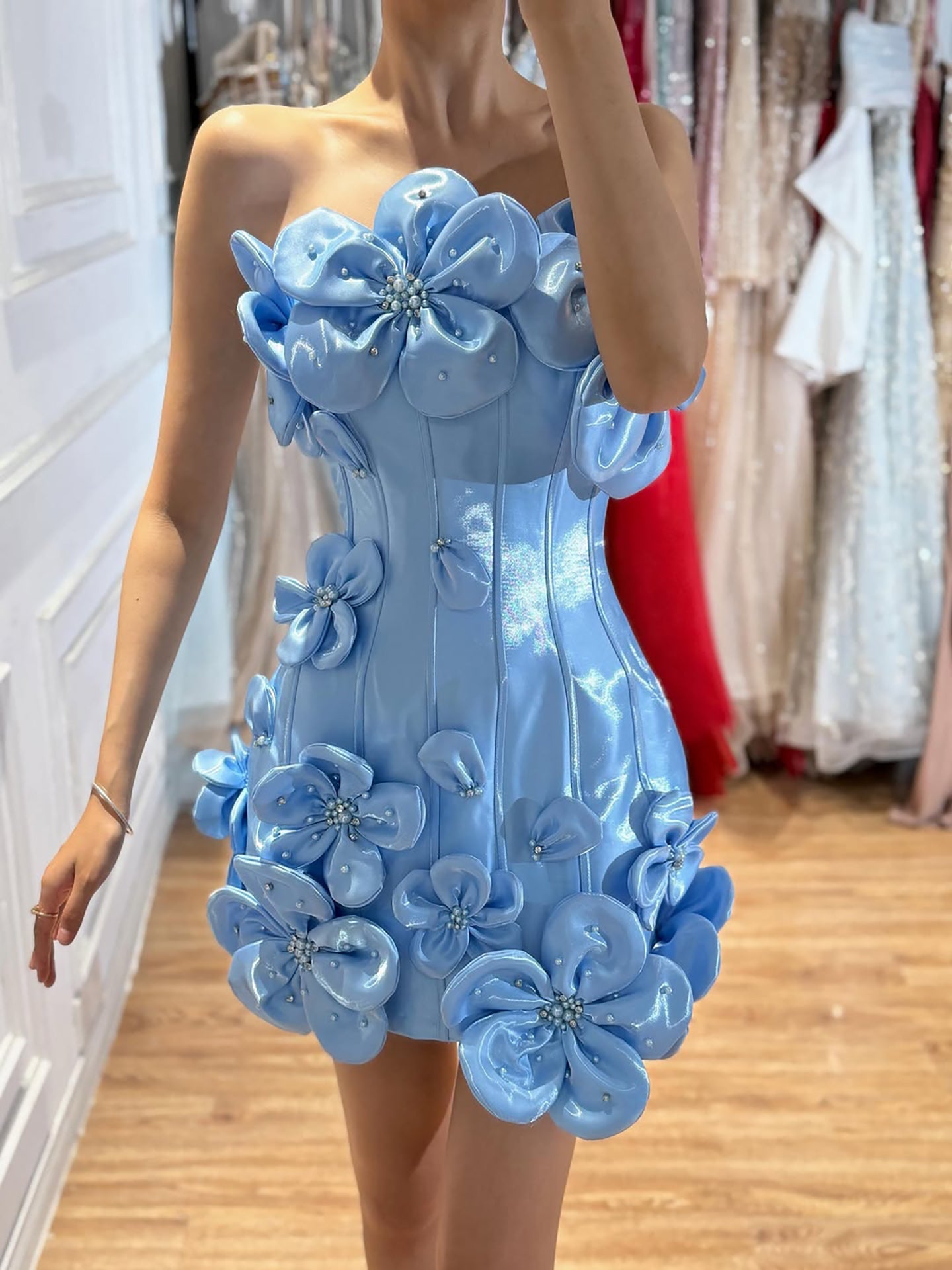Luxury Blue Strapless 3D Flower A Line Evening Dress LA73719A