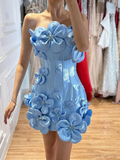 Luxury Blue Strapless 3D Flower A Line Evening Dress LA73719A