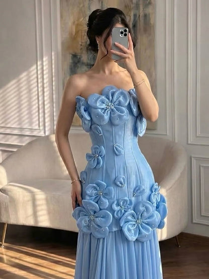 Luxury Blue Strapless 3D Flower A Line Evening Dress LA73719A