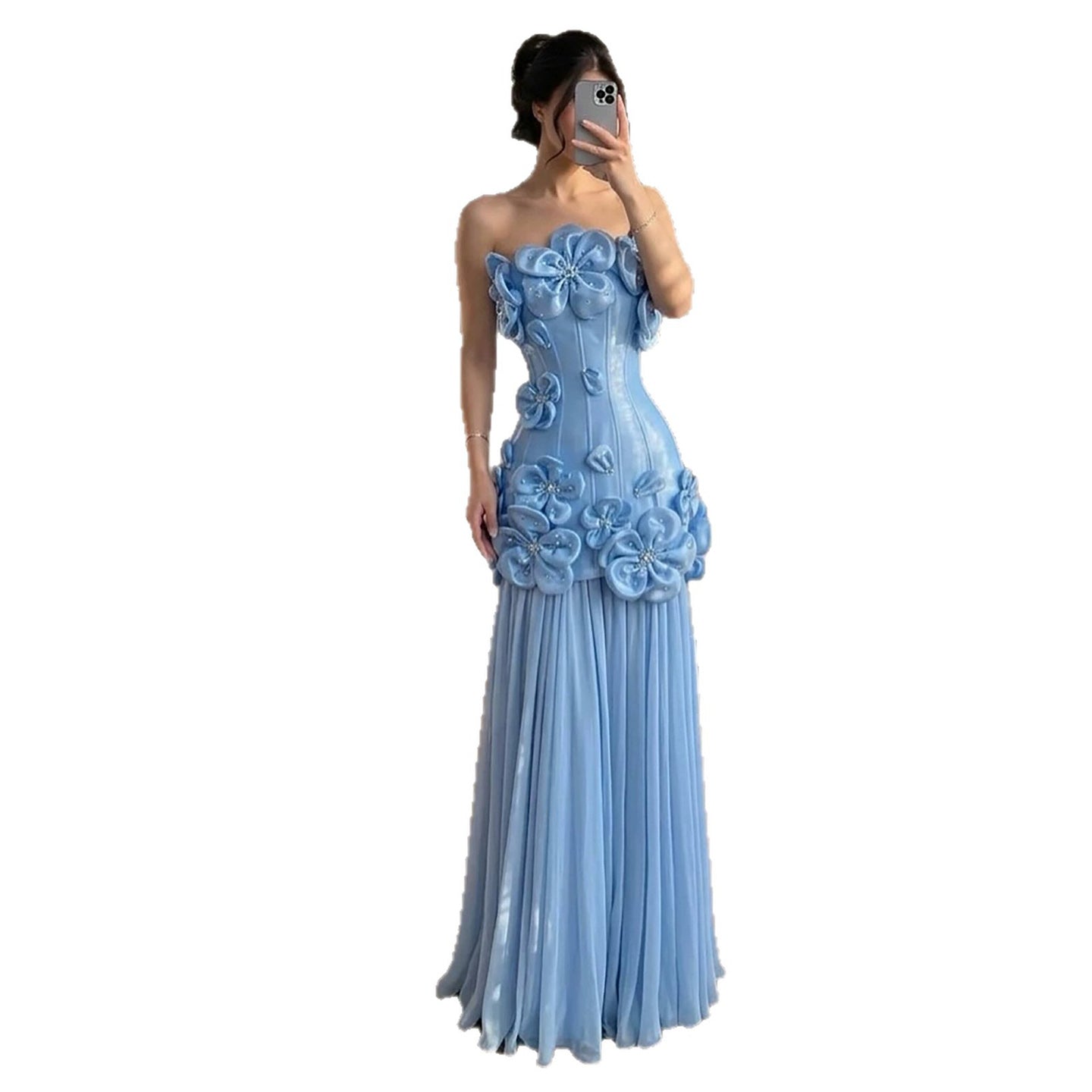Luxury Blue Strapless 3D Flower A Line Evening Dress LA73719A