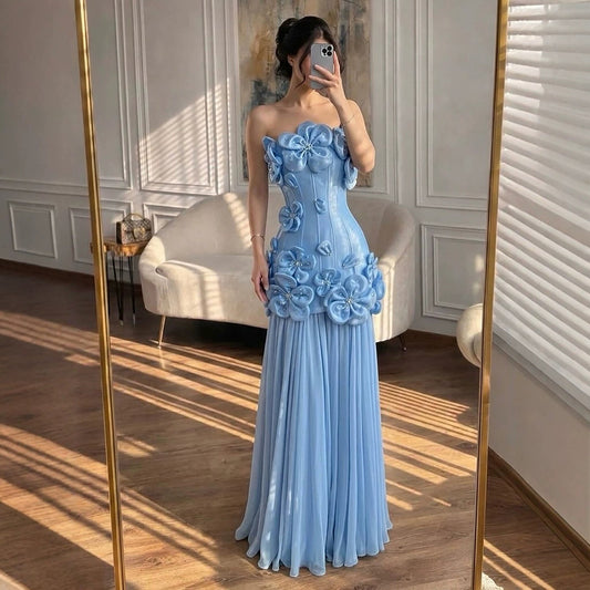 Luxury Blue Strapless 3D Flower A Line Evening Dress LA73719A
