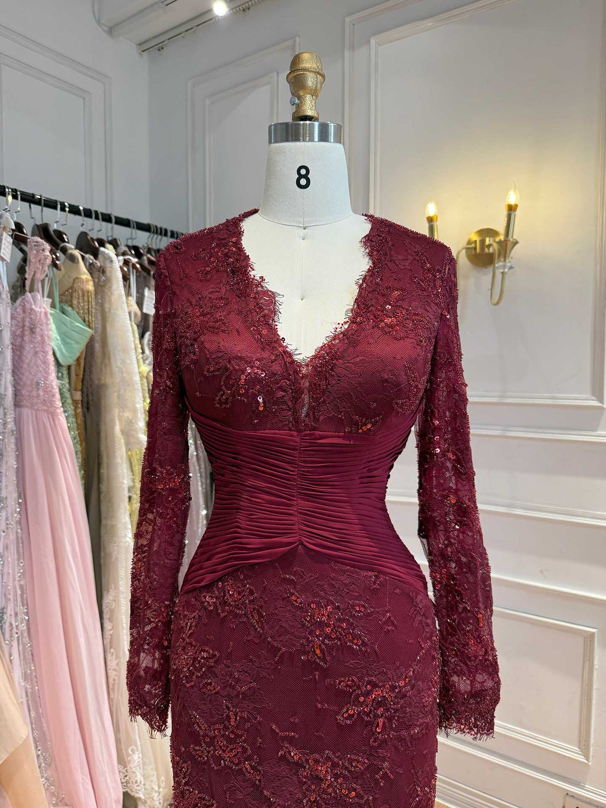 Luxury Wine Red Lace Mermaid Long Sleeve Evening Dress LA73720