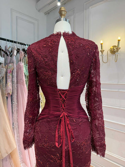 Luxury Wine Red Lace Mermaid Long Sleeve Evening Dress LA73720