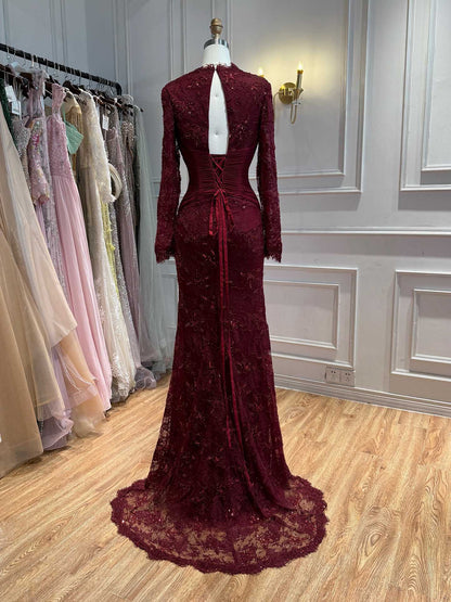 Luxury Wine Red Lace Mermaid Long Sleeve Evening Dress LA73720