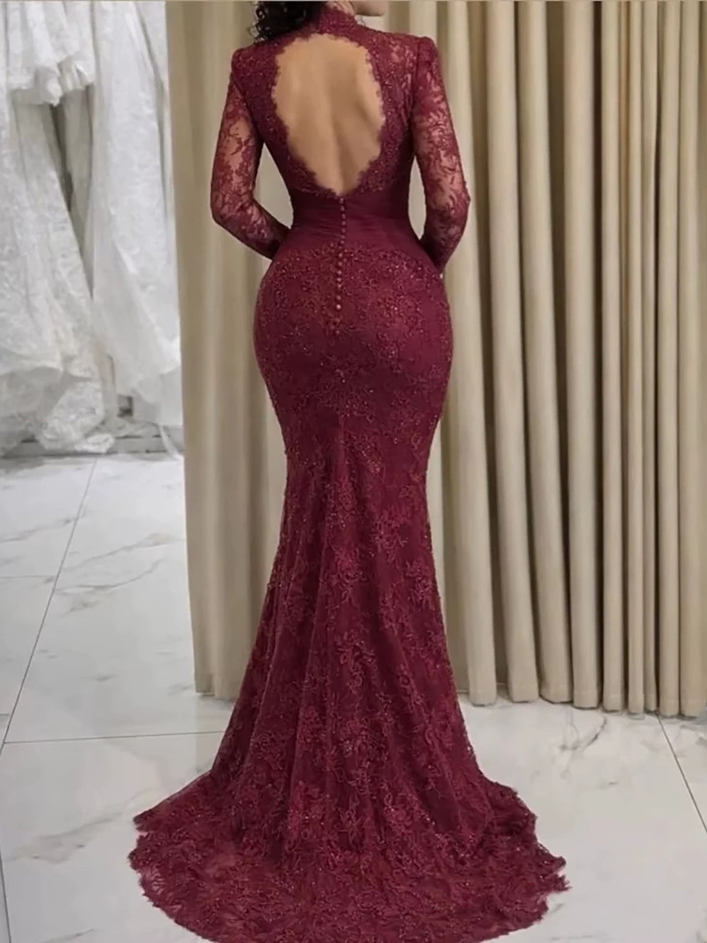 Luxury Wine Red Lace Mermaid Long Sleeve Evening Dress LA73720