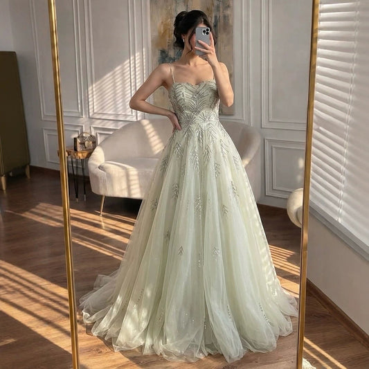 Luxury Sage Green Spaghetti Strap Beaded A-Line Evening Dress LA73721