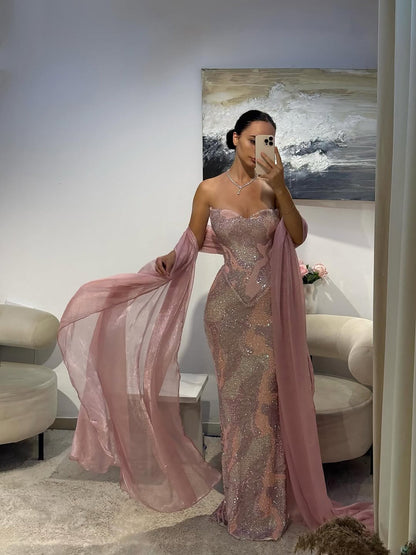 Luxury Pink Beaded Mermaid Evening Dress LA73724