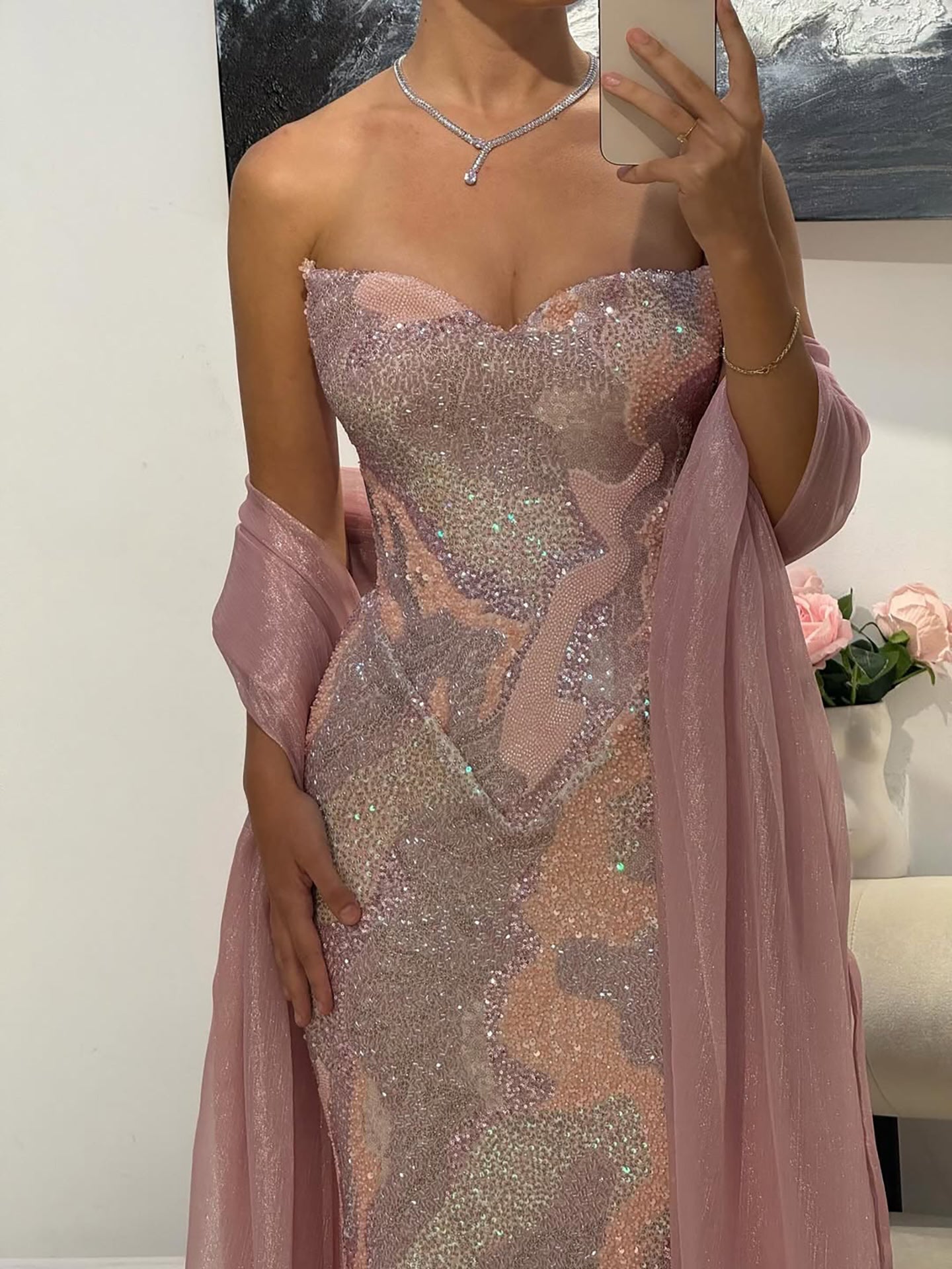 Luxury Pink Beaded Mermaid Evening Dress LA73724