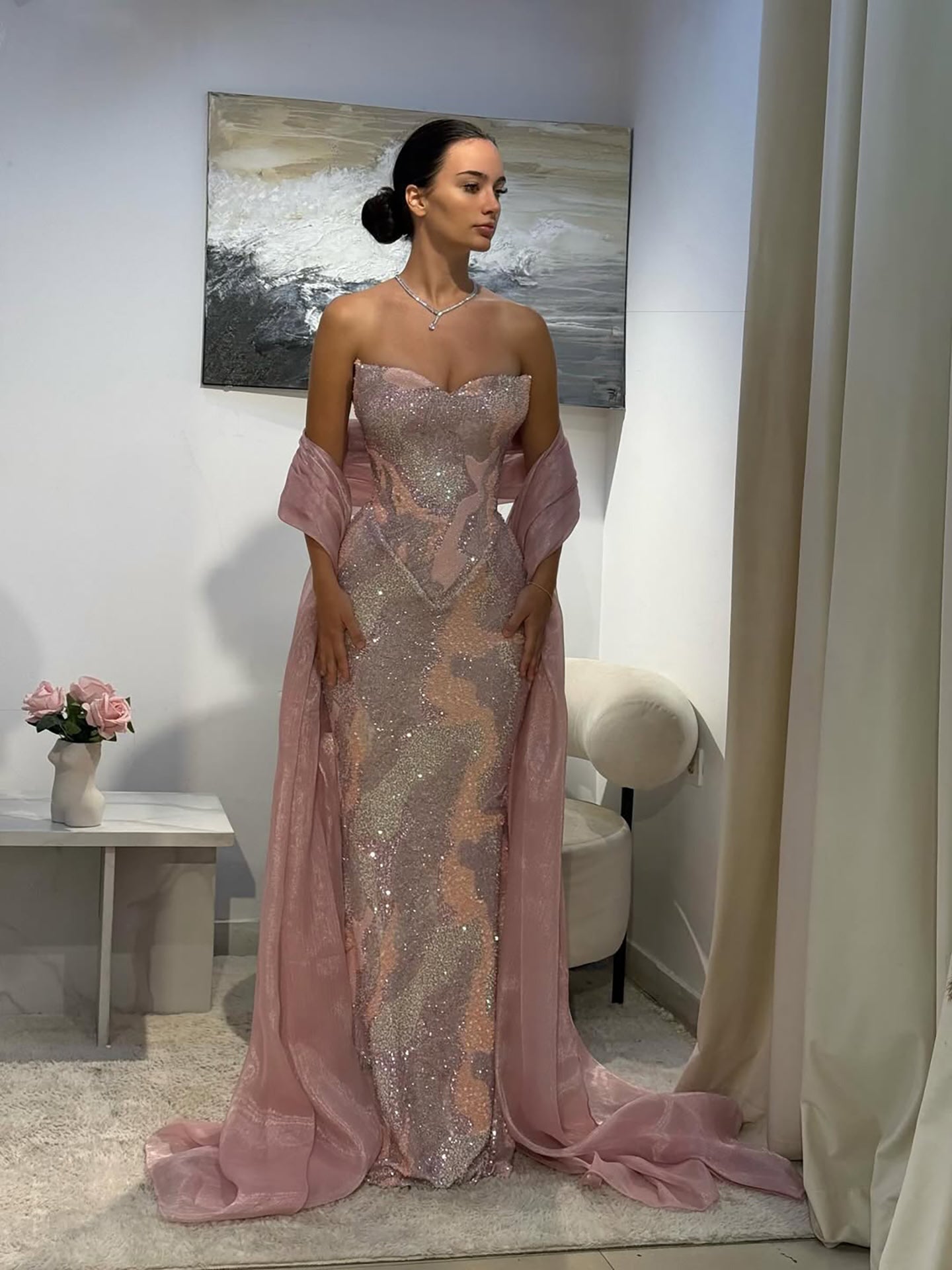 Luxury Pink Beaded Mermaid Evening Dress LA73724