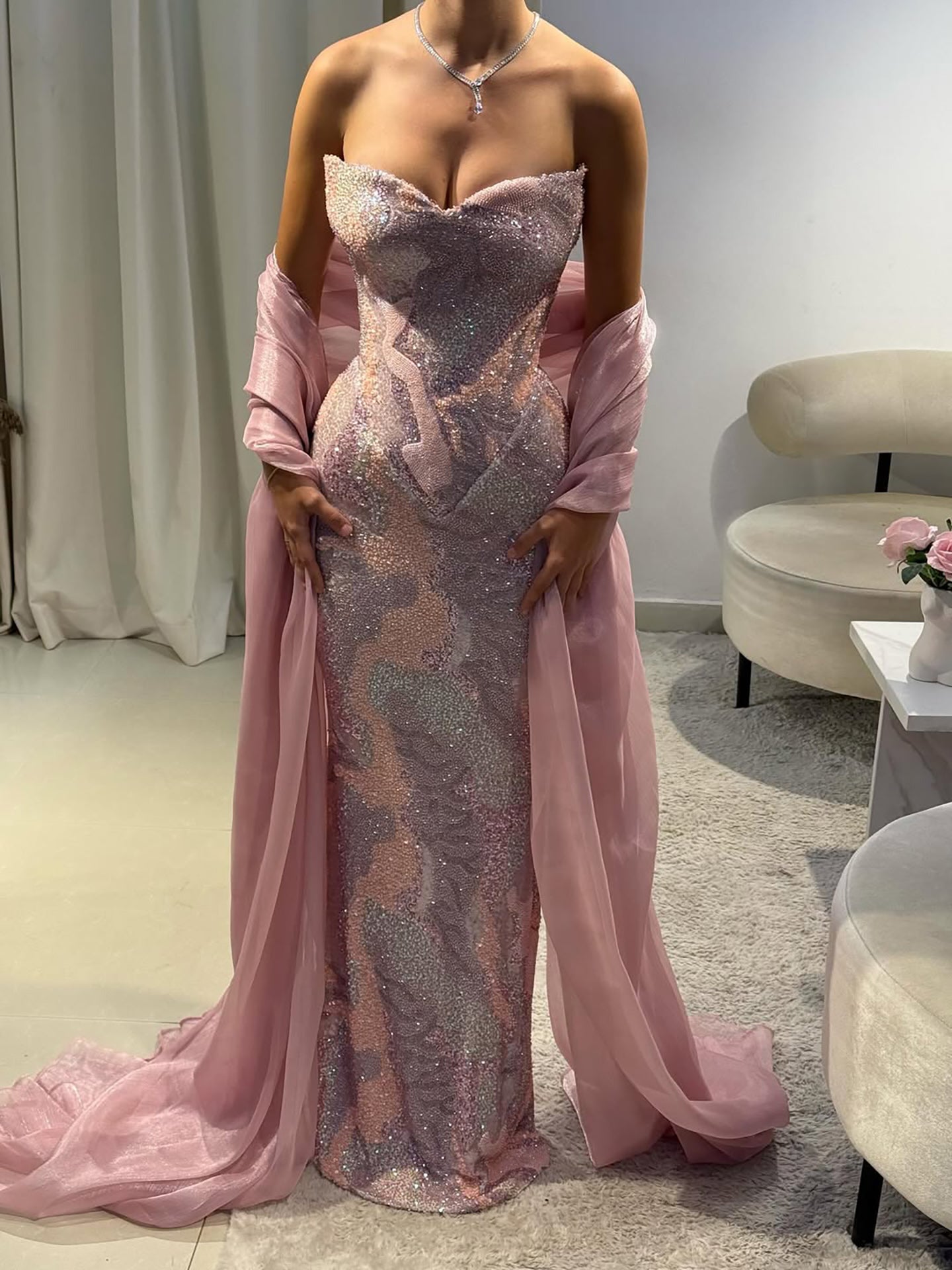 Luxury Pink Beaded Mermaid Evening Dress LA73724