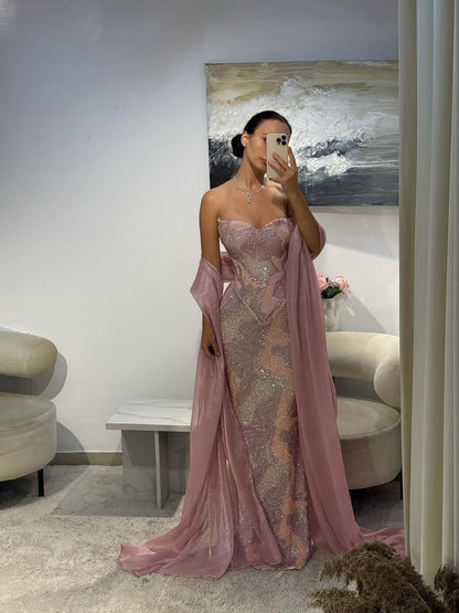 Luxury Pink Beaded Mermaid Evening Dress LA73724