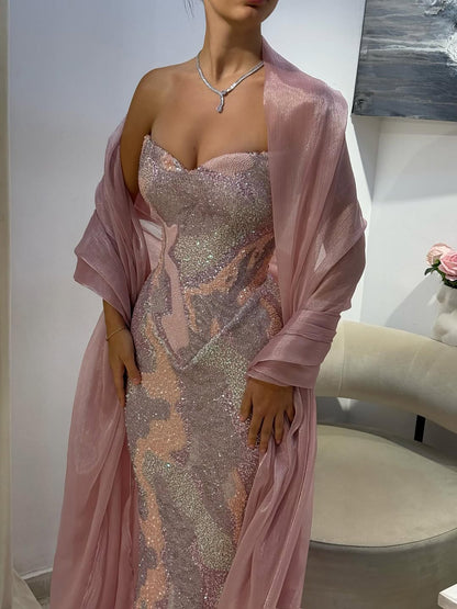 Luxury Pink Beaded Mermaid Evening Dress LA73724
