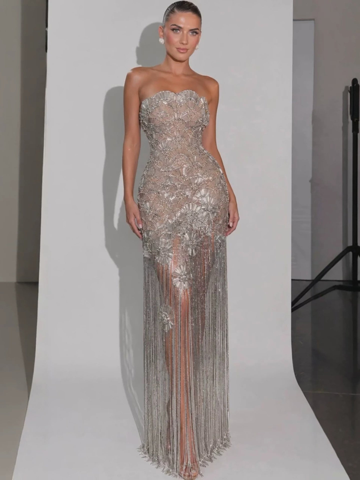 Luxury Silver Strapless Scalloped Beaded Asymmetric Tassel Dress LA73733A
