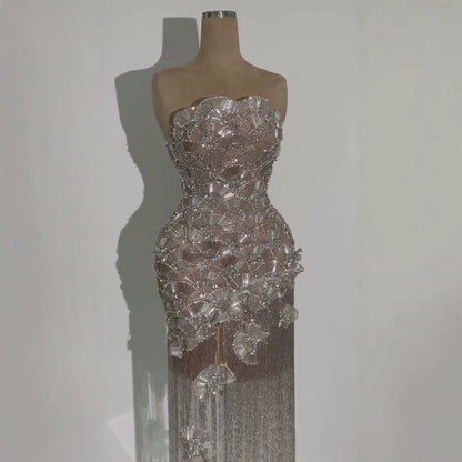 Luxury Silver Strapless Scalloped Beaded Asymmetric Tassel Dress LA73733A