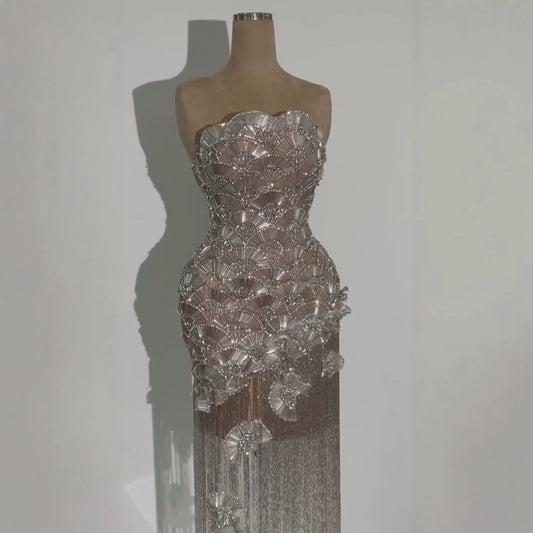 Luxury Silver Strapless Scalloped Beaded Asymmetric Tassel Dress LA73733A