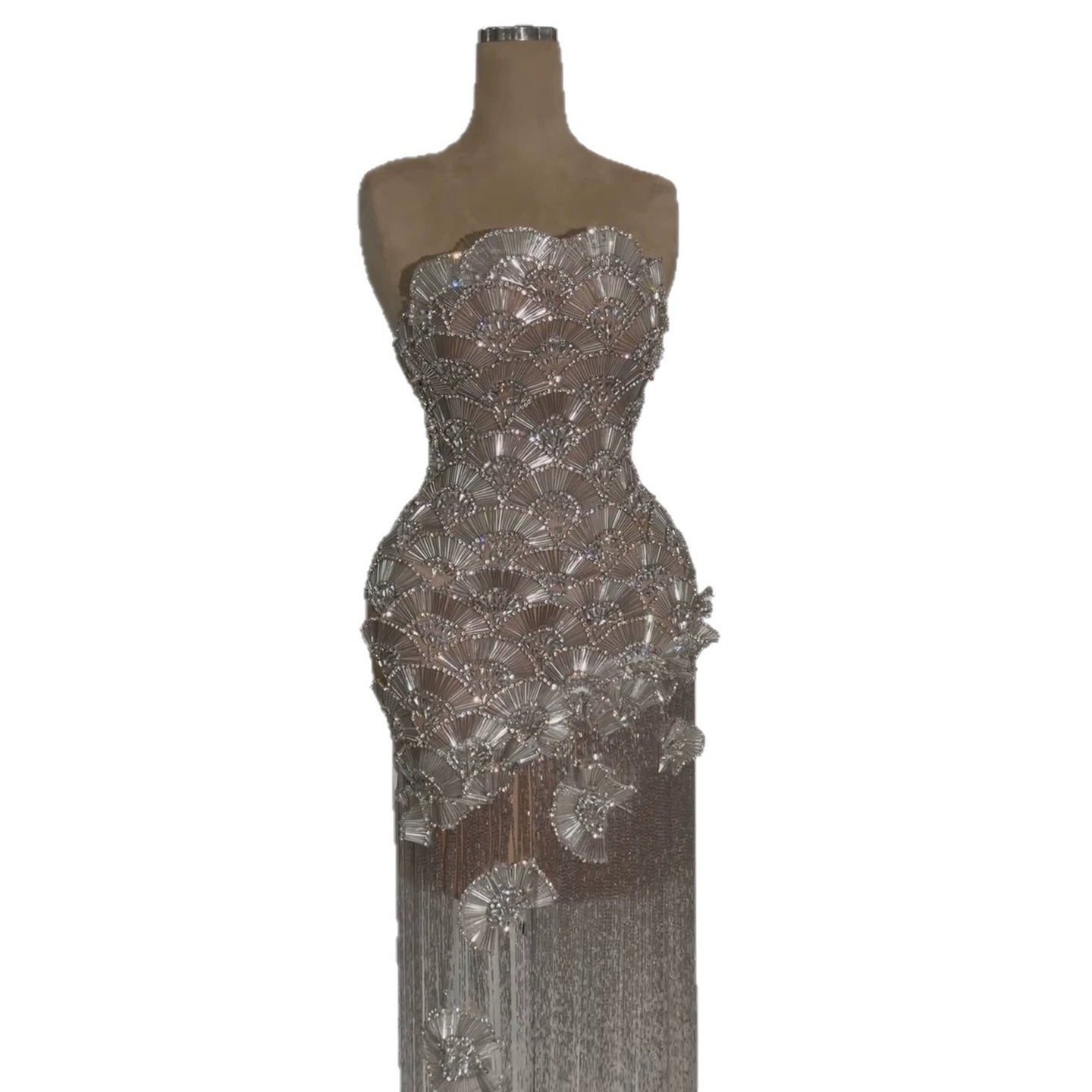 Luxury Silver Strapless Scalloped Beaded Asymmetric Tassel Dress LA73733A