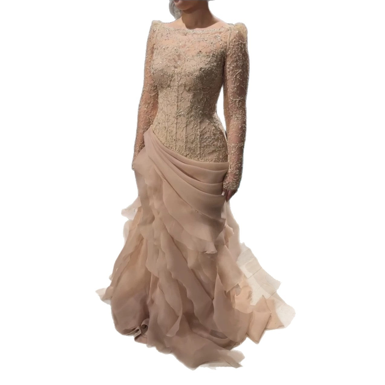 Luxury Nude Beaded Mermaid Dress with Ruffles LA73736