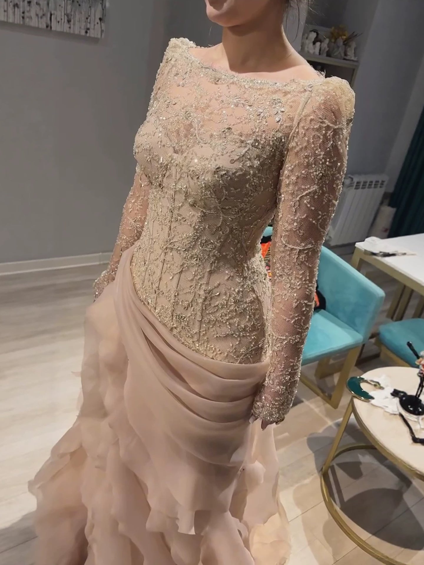 Luxury Nude Beaded Mermaid Dress with Ruffles LA73736