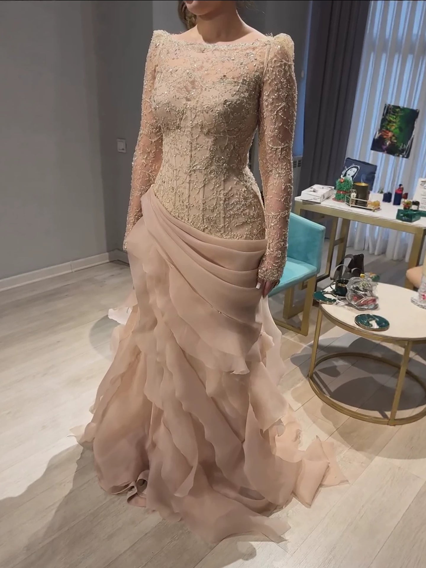 Luxury Nude Beaded Mermaid Dress with Ruffles LA73736