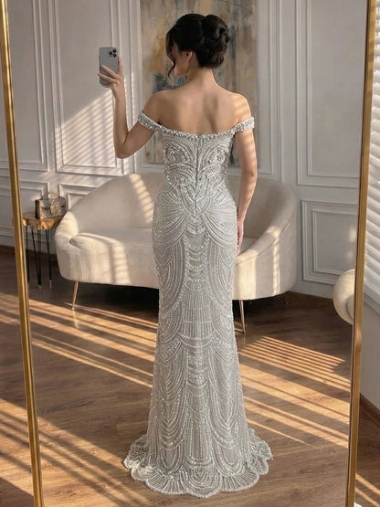 Luxury Silver Nude Crystal Beaded Mermaid Dress LA73740