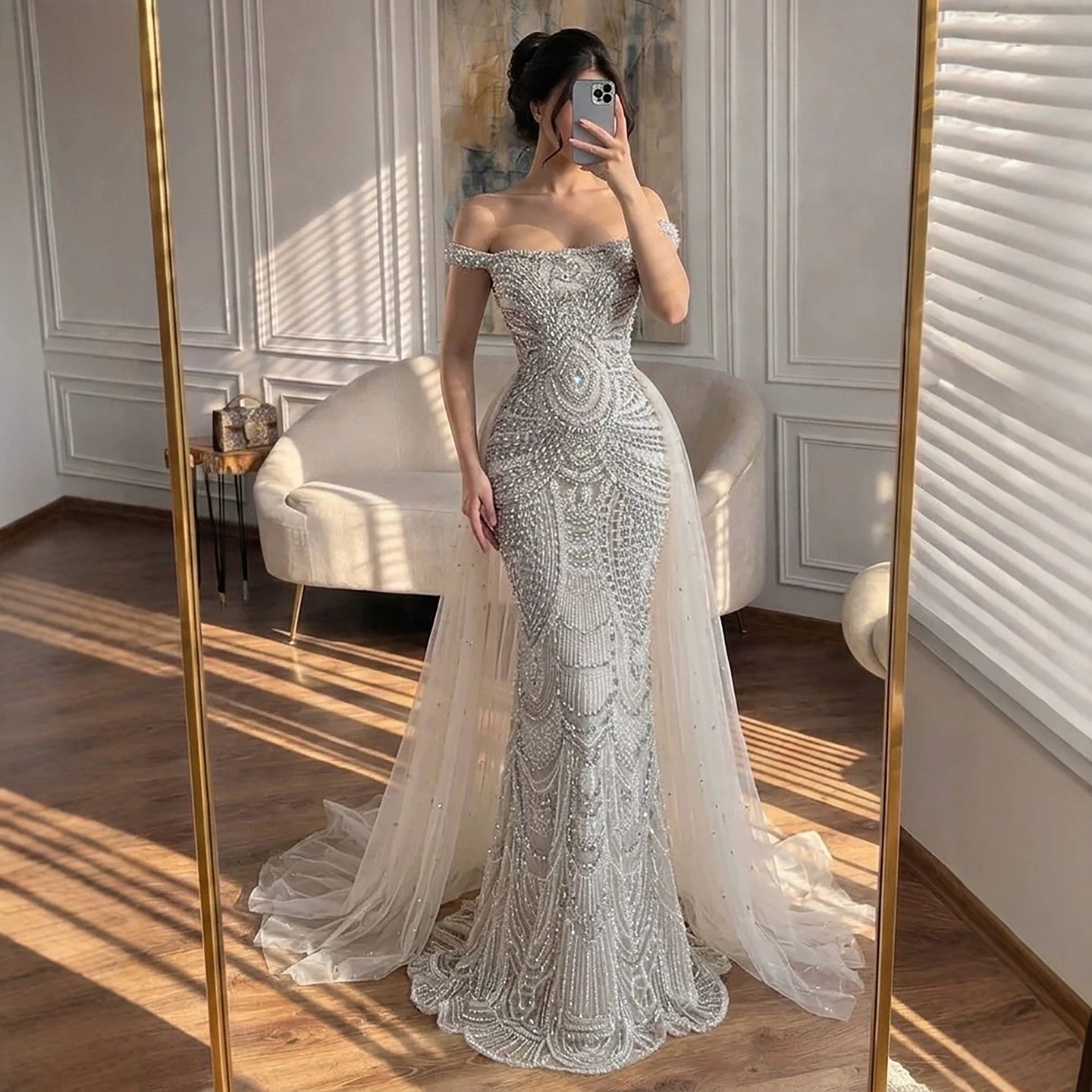 Luxury Silver Nude Crystal Beaded Mermaid Dress LA73740