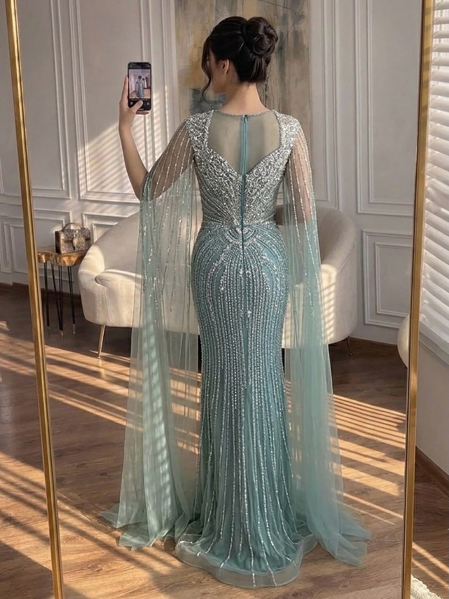 Luxury Nude Beaded Mermaid Evening Dress with Cape LA73741