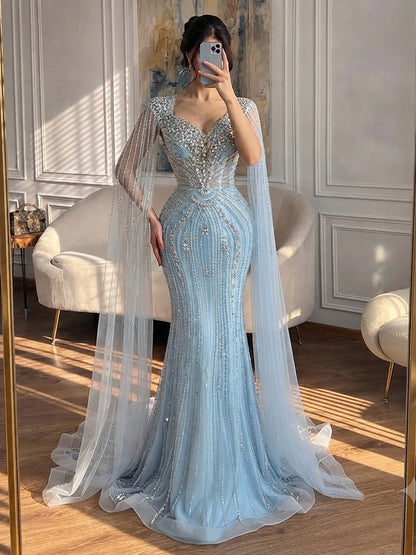 Luxury Nude Beaded Mermaid Evening Dress with Cape LA73741