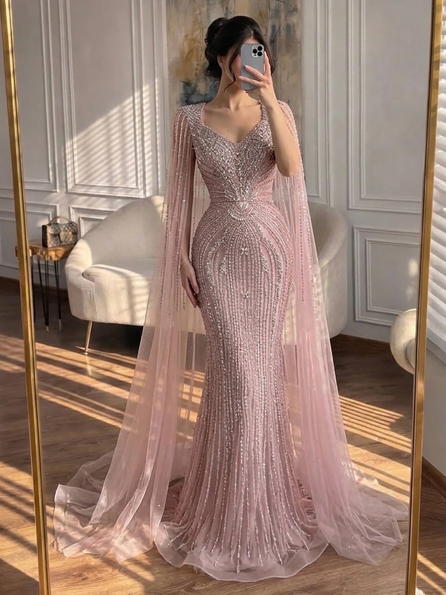 Luxury Nude Beaded Mermaid Evening Dress with Cape LA73741