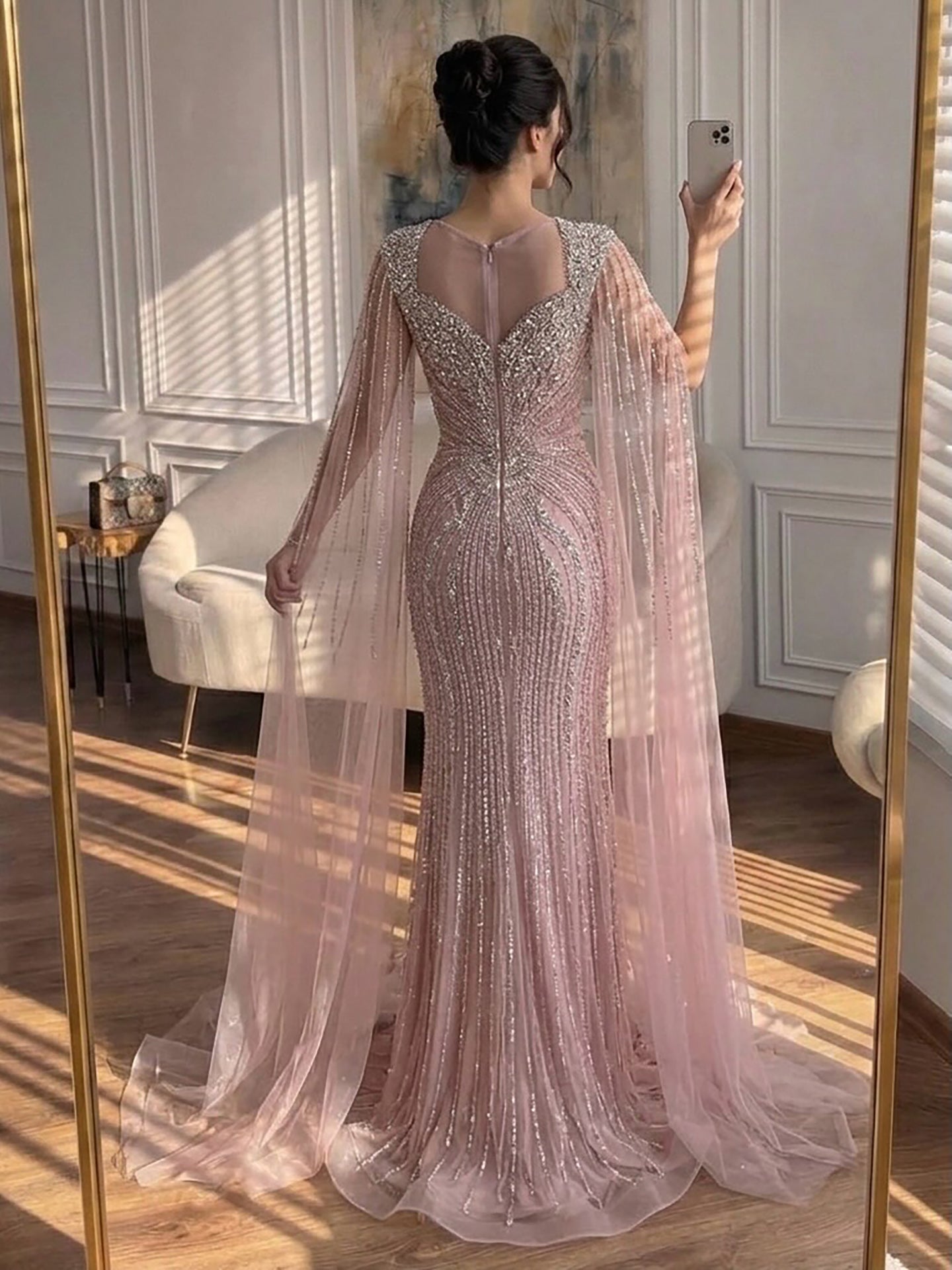Luxury Nude Beaded Mermaid Evening Dress with Cape LA73741