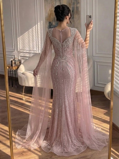 Luxury Nude Beaded Mermaid Evening Dress with Cape LA73741