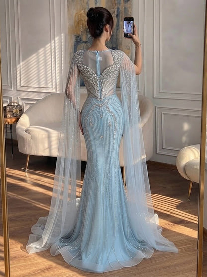 Luxury Nude Beaded Mermaid Evening Dress with Cape LA73741