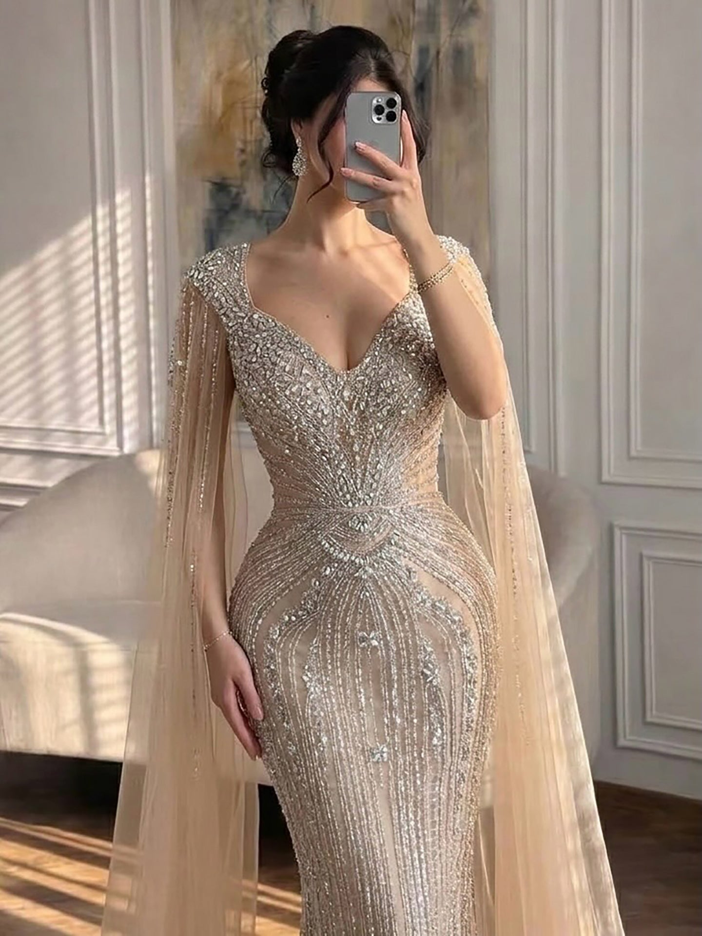 Luxury Nude Beaded Mermaid Evening Dress with Cape LA73741