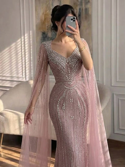 Luxury Nude Beaded Mermaid Evening Dress with Cape LA73741