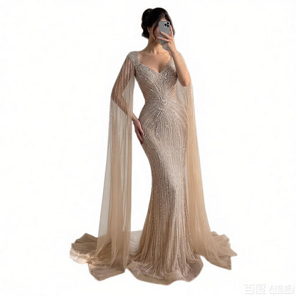 Luxury Nude Beaded Mermaid Evening Dress with Cape LA73741