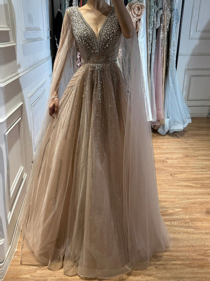 Luxury Nude Crystal Beaded A Line Dress with Cape Sleeves LA73742