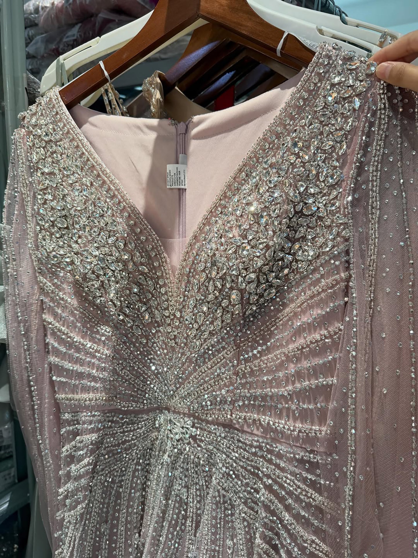 Luxury Nude Crystal Beaded A Line Dress with Cape Sleeves LA73742